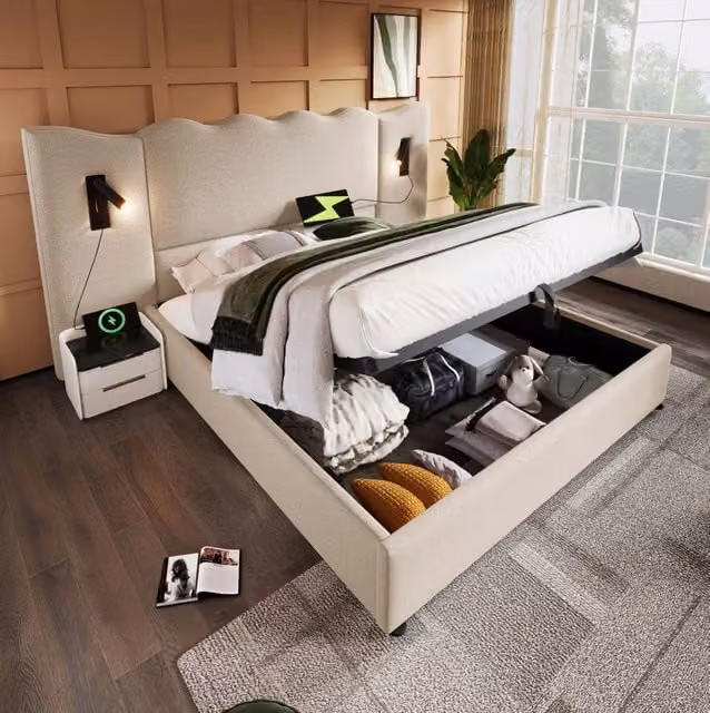 Letto matrimoniale 180x200 cm in lino beige con lampada e contenitore, senza materasso –