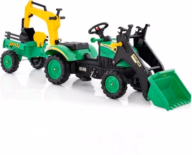 Escavatore a pedali per bambini con 6 ruote rimorchio staccabile e 2 benne, Escavatore a pedali ruspa per bambini 3-6 anni Verde-Macchinine giocattoli