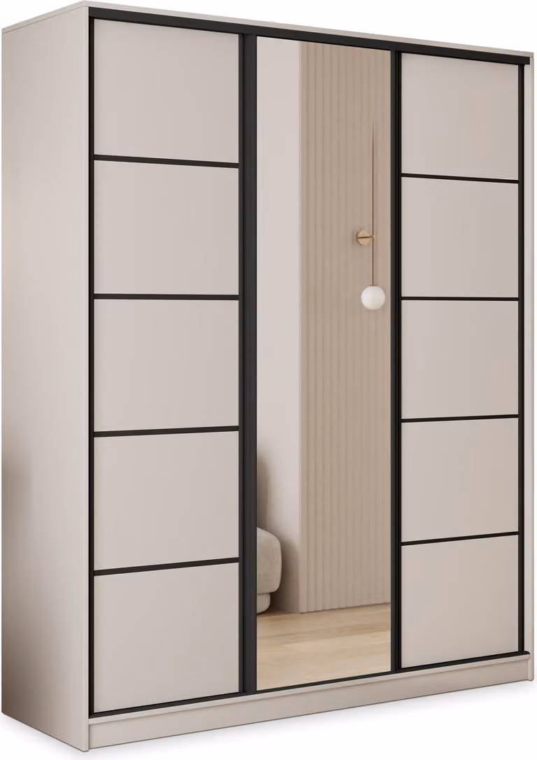 Masseno Armadio a porte scorrevoli PINA 150/205/58 cm Armadio con 4 cassetti Armadio da camera da letto a 3 ante con specchio Colore cashmere