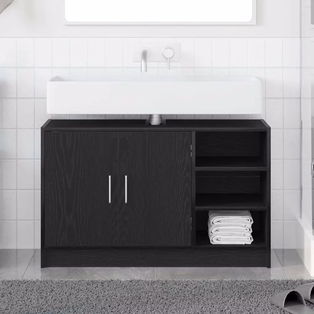 Mobile da bagno vidaXL in legno nero con ante a battente e ripiani interni L: 90 cm, P: 29 cm, H: 55 cm