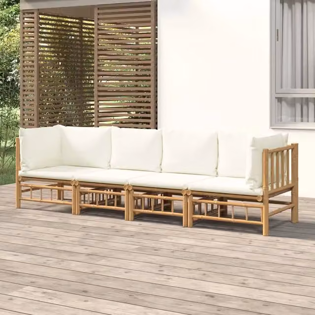 Set Salotto da Giardino 4pz con Cuscini Bianco Crema in Bambù 3155184
