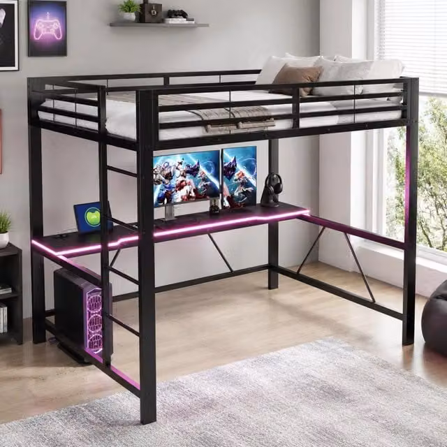 Letto a soppalco gaming 140x200 cm con scrivania e LED; metallo e MDF; nero
