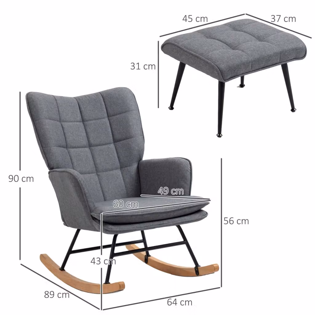 Poltrona a dondolo moderna con poggiapiedi integrato in tessuto grigio e struttura in legno di faggio, L: 90 cm, P: 64 cm, H: 89 cm – 2