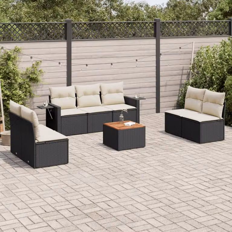 Set Divani da Giardino vidaXL in Polyrattan Nero con Cuscini e Tavolino da Esterno