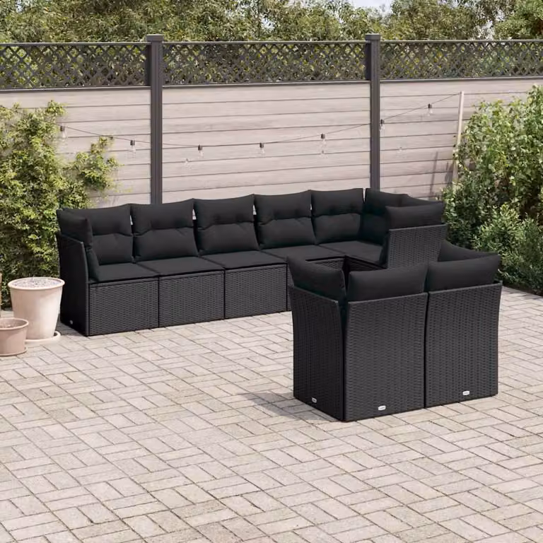 Set di divani da giardino vidaXL a forma di L con 8 cuscini in polyrattan nero