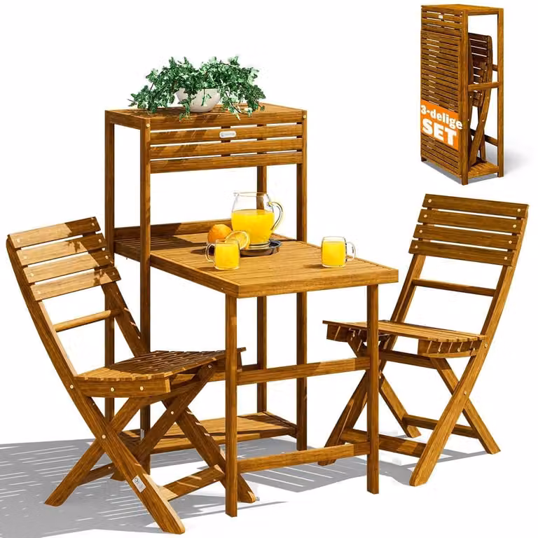 Set da balcone pieghevole - Tavolo con 2 sedie - Legno di acacia - 95 x 117 x 61 cm