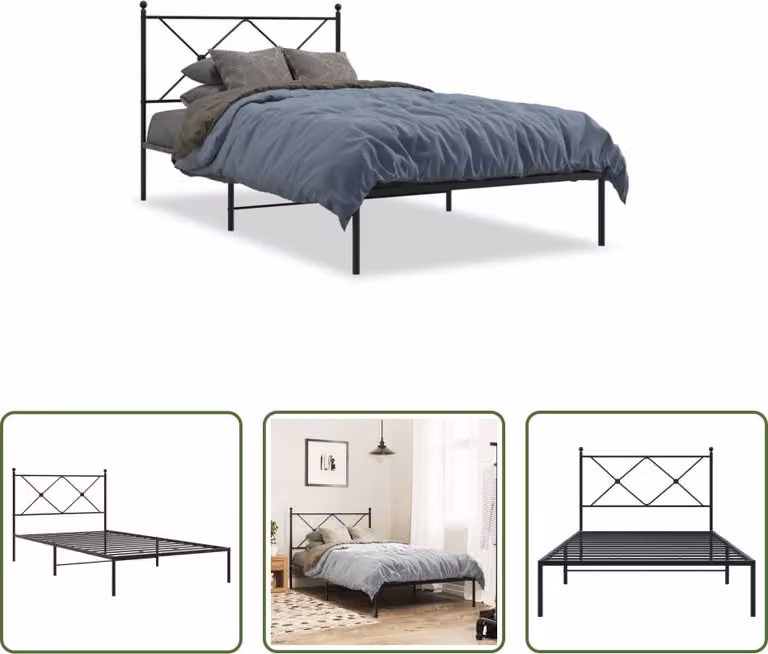 The Living Store Struttura letto con testiera in metallo nero 100x200 cm