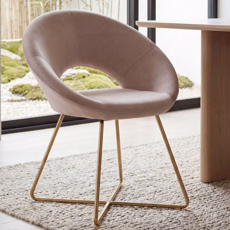 FineBuy Sedia da pranzo in velluto beige Sedia da cucina con gambe dorate Sedia a scocca in tessuto/metallo Sedia imbottita Sedia da pranzo imbottita