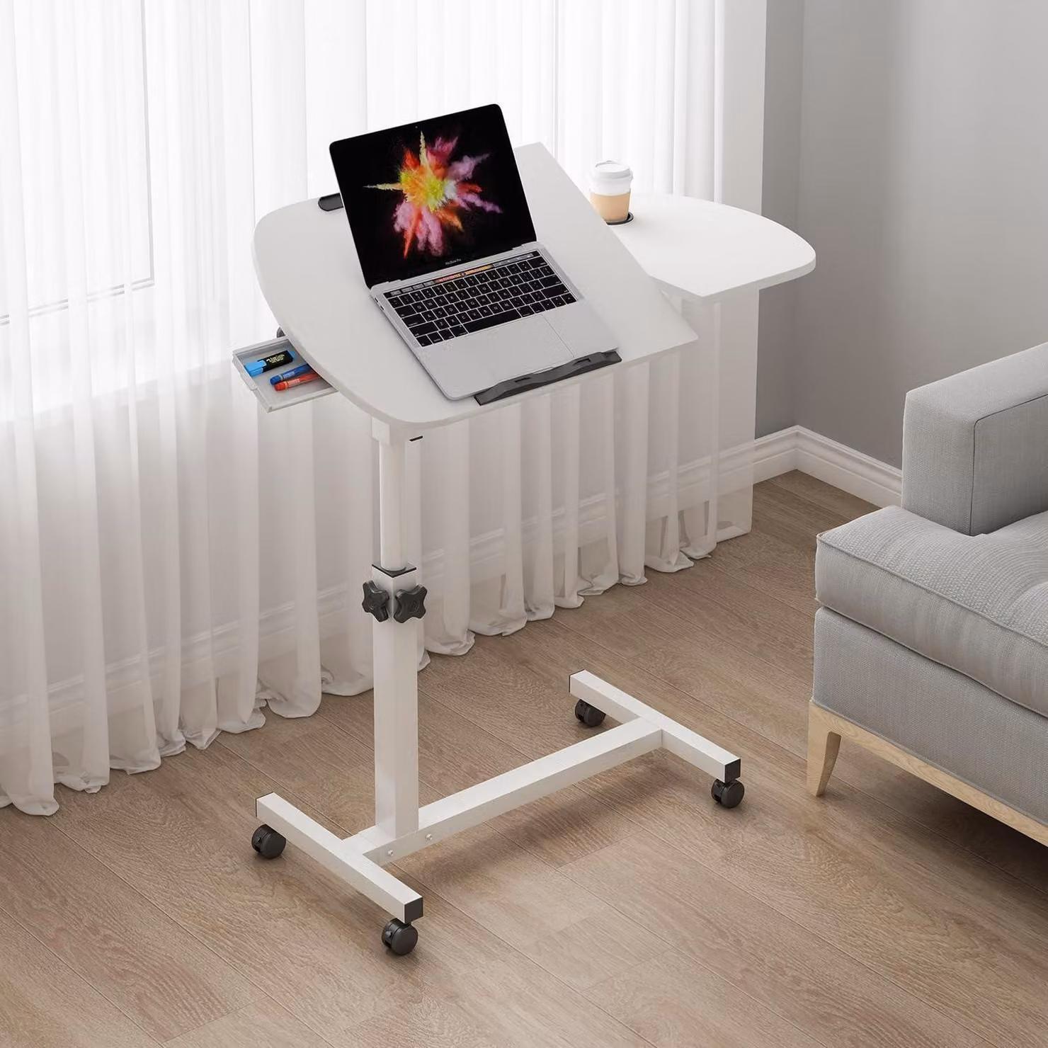 Tavolo pieghevole per laptop, regolabile in altezza, dimensioni 60x40 cm, colore bianco, con cassetto