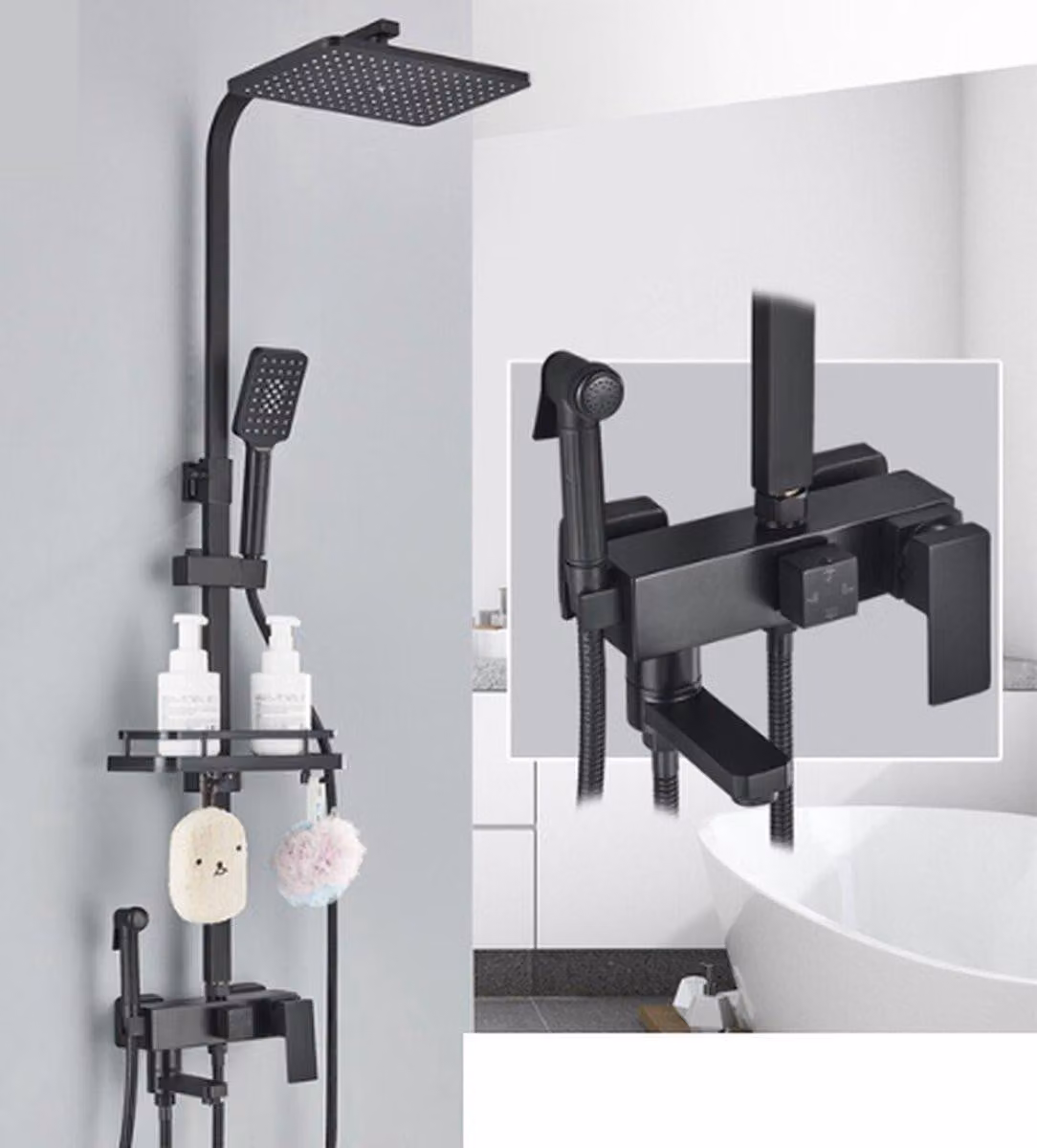 Set doccia ABS - Soffione - Doccia a pioggia quadrata - Doccia a pioggia regolabile - Nero opaco