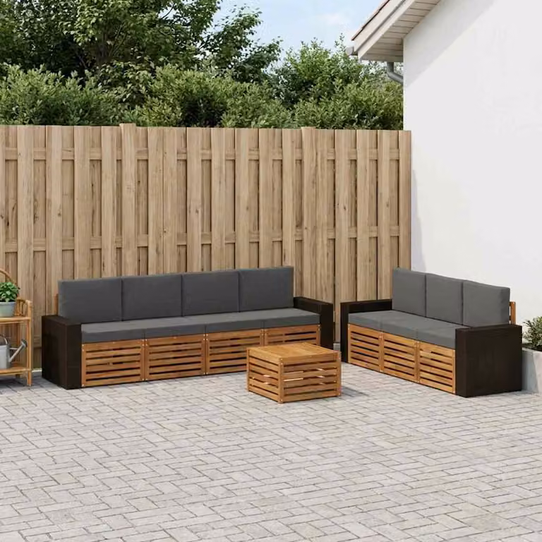 Set di divani da giardino vidaXL in legno di acacia massello con cuscini, modello a L, marrone e grigio
