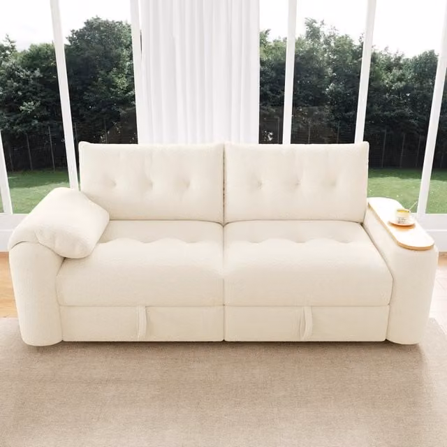 Divano modulare MIVRAY a 2 posti in tessuto bouclé beige con poggiatesta regolabile, tavolino girevole e vani contenitore