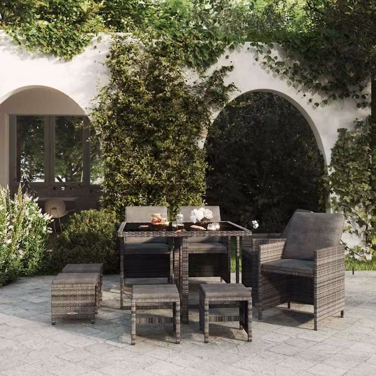 vidaXL Set Pranzo da Giardino 9 pz in Polyrattan e Vetro Grigio con Cuscini