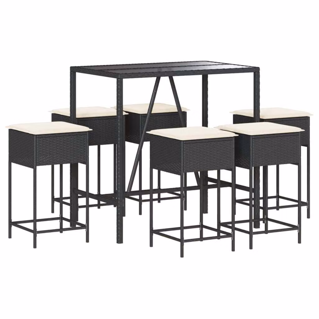 Set Bar da Giardino 7 pz con Cuscini in Polyrattan Nero