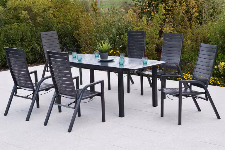 Set di mobili da giardino Merxx Siros, 7 pezzi, 6 poltrone regolabili tramite molla a gas, tavolo allungabile 150 (200) x 90 cm - Alluminio