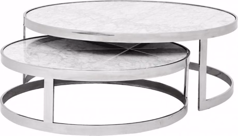 Tavolino da salotto in stile Art Déco set da 2, marca Casa Padrino: realizzati in acciaio inossidabile e marmo bianco. Dimensioni: 100 x altezza 35 cm / 80 x altezza 25 cm