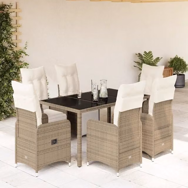 Set Bistrò da Giardino vidaXL in Polyrattan Marrone con Cuscini e Tavolo in Vetro, 7 Pezzi