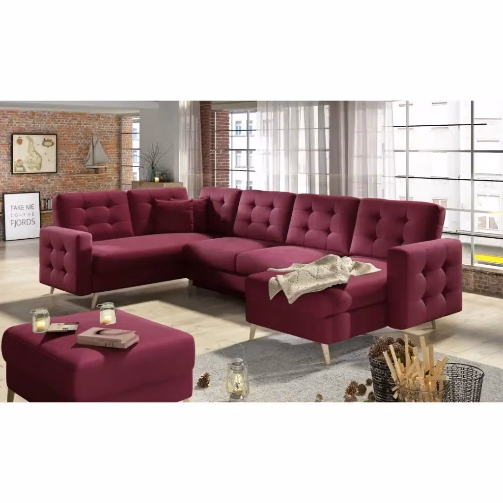 Divano angolare panoramico convertibile HASGARD MEUBLORAMA viola con contenitore e funzione letto, L: 326 cm – 2