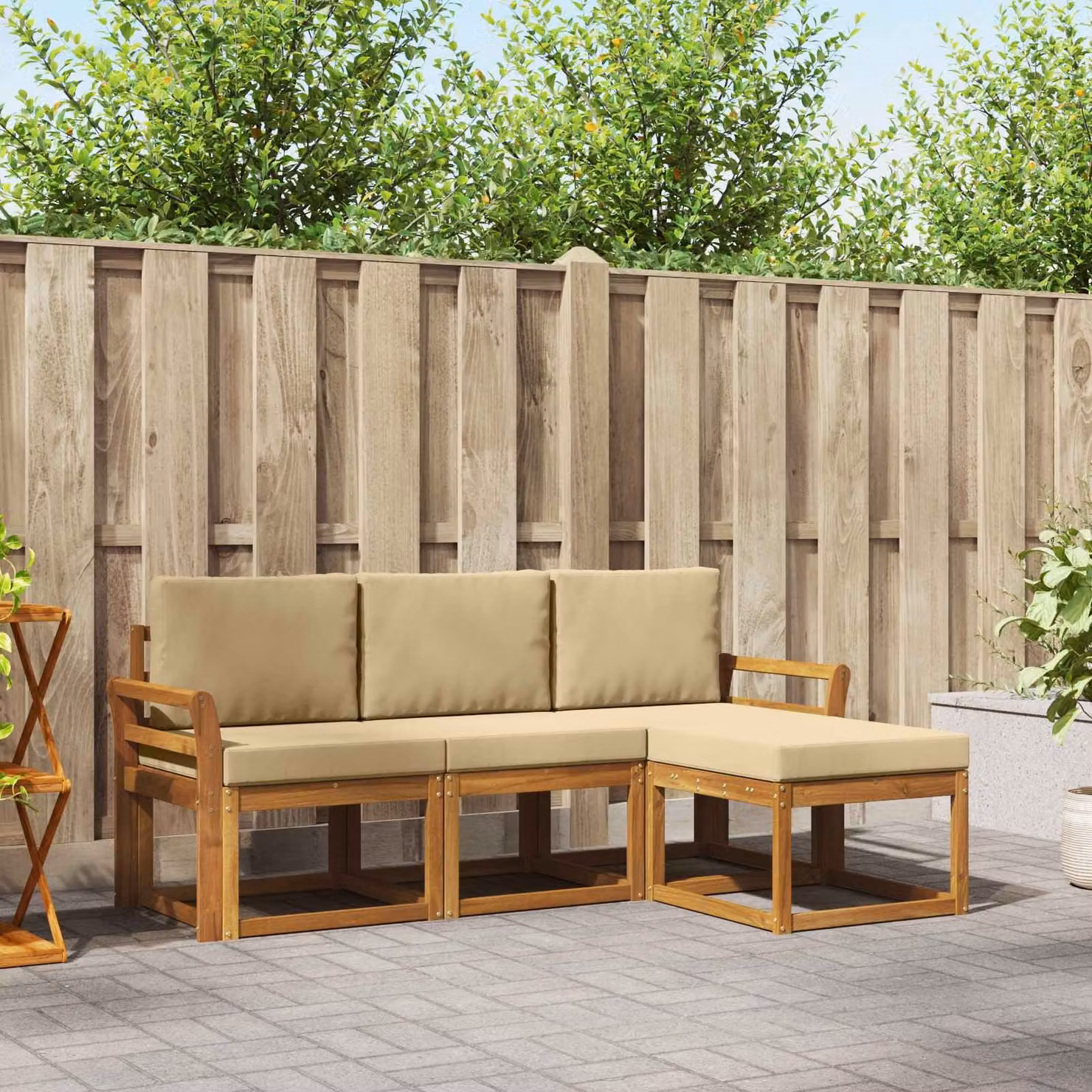 Set di divani da esterno vidaXL a forma di L in legno di acacia con pouf e cuscini, Naturale e Beige
