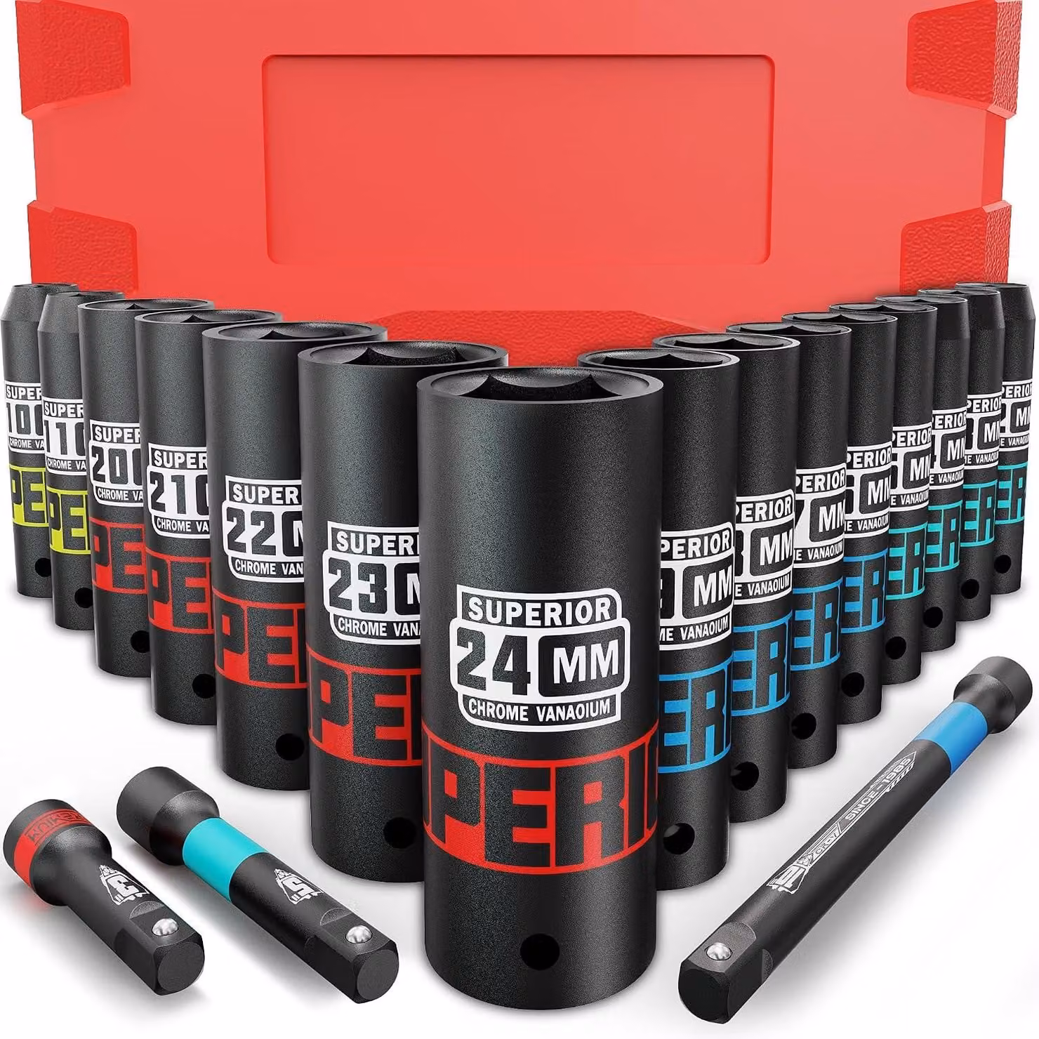 Set di chiavi a bussola da 1/2 pollice, da 10 a 24 mm, con custodia e 3 prolunghe, per la riparazione di automobili