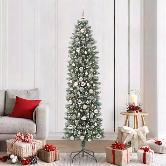 Albero di Natale Artificiale Sottile Moderno vidaXL Verde e Bianco con Luci LED Bianco Caldo in PVC e Metallo, Altezza: 210 cm – 1