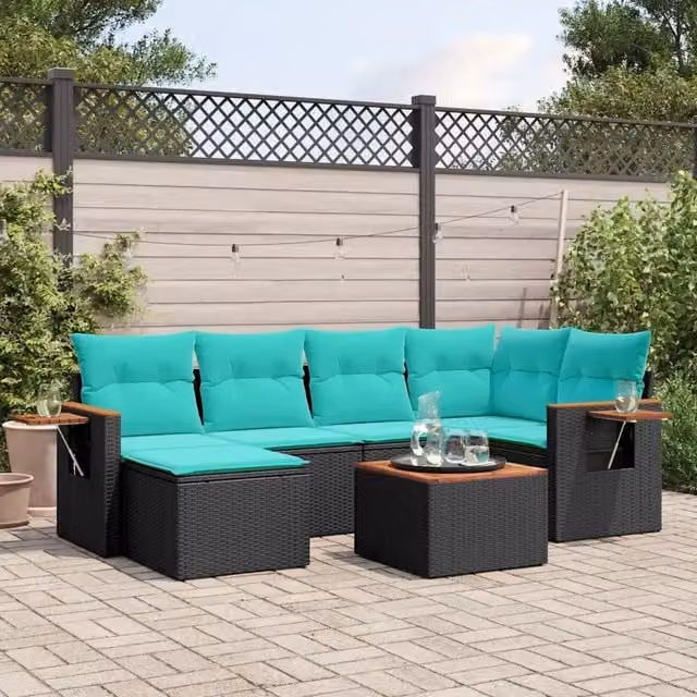 Set Divani da Giardino 7 pz con Cuscini Nero in Polyrattan 3227023