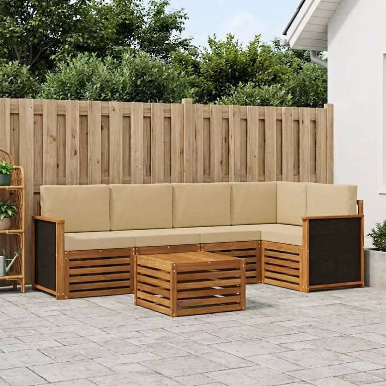 Set di divani da esterno vidaXL 6 pezzi in legno di acacia con tavolo da caffè e cuscini, design moderno a forma di L, colore beige e bianco