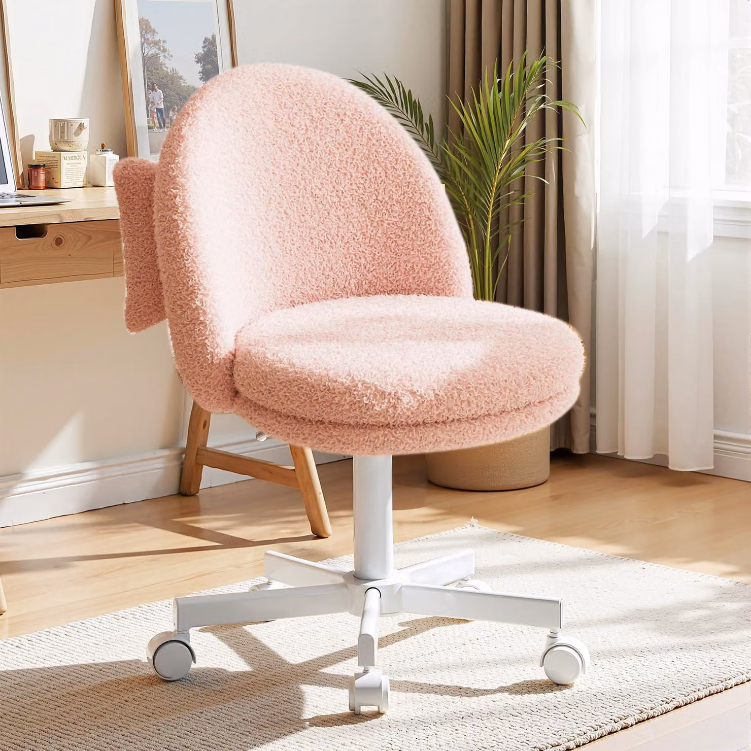 Sedia da ufficio senza braccioli, regolabile in altezza, girevole, color rosa
