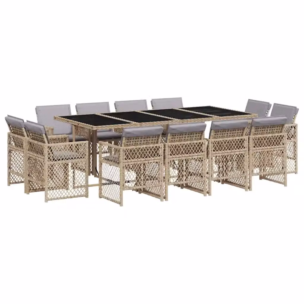 vidaXL Set Pranzo da Giardino 13 pz in Polyrattan con Cuscini Beige e Piano in Vetro – 2