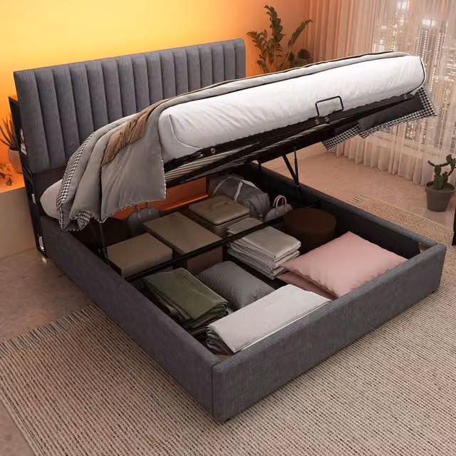 Letto Imbottito Contenitore Matrimoniale LED ¨C MINIMAL ¨C Testiera Regolabile, USB, Doghe Legno, 140x200, Grigio