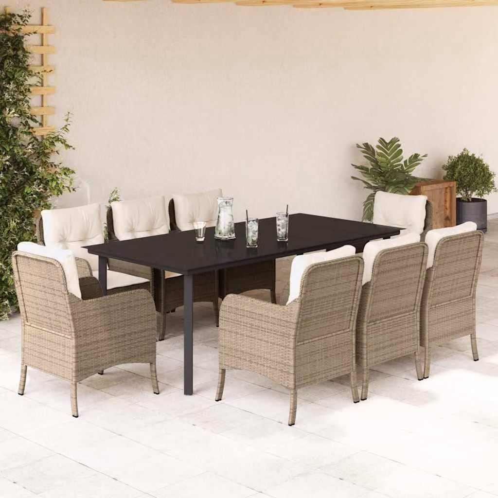 vidaXL Set da Pranzo da Giardino 9 pz in Polyrattan con Cuscini Beige e Tavolo in Vetro – 1