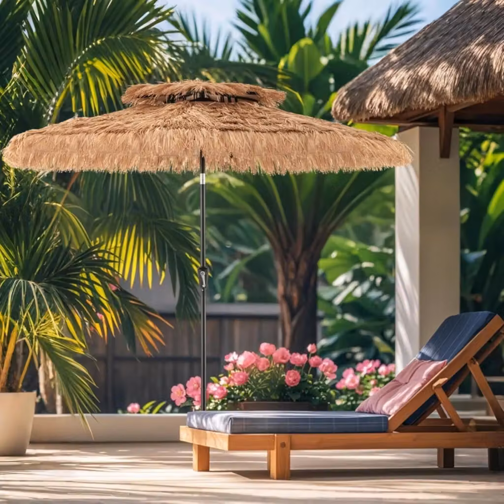 Ombrellone Tiki in stile hawaiano con paglia e 8 stecche, colore naturale beige e marrone, Diametro: 247 cm – 2