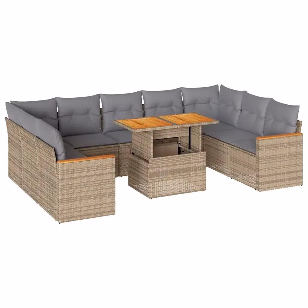 Set da giardino a forma di U vidaXL in polyrattan e legno di acacia con 10 pezzi, cuscini beige e tavolino da esterno – 2