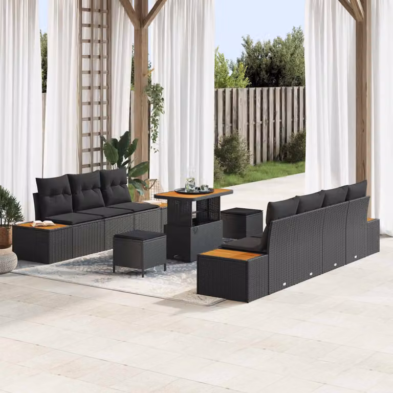 Set Divano da Giardino vidaXL 10 Pezzi Nero con Cuscini e Ottoman in Poly Rattan e Acciaio
