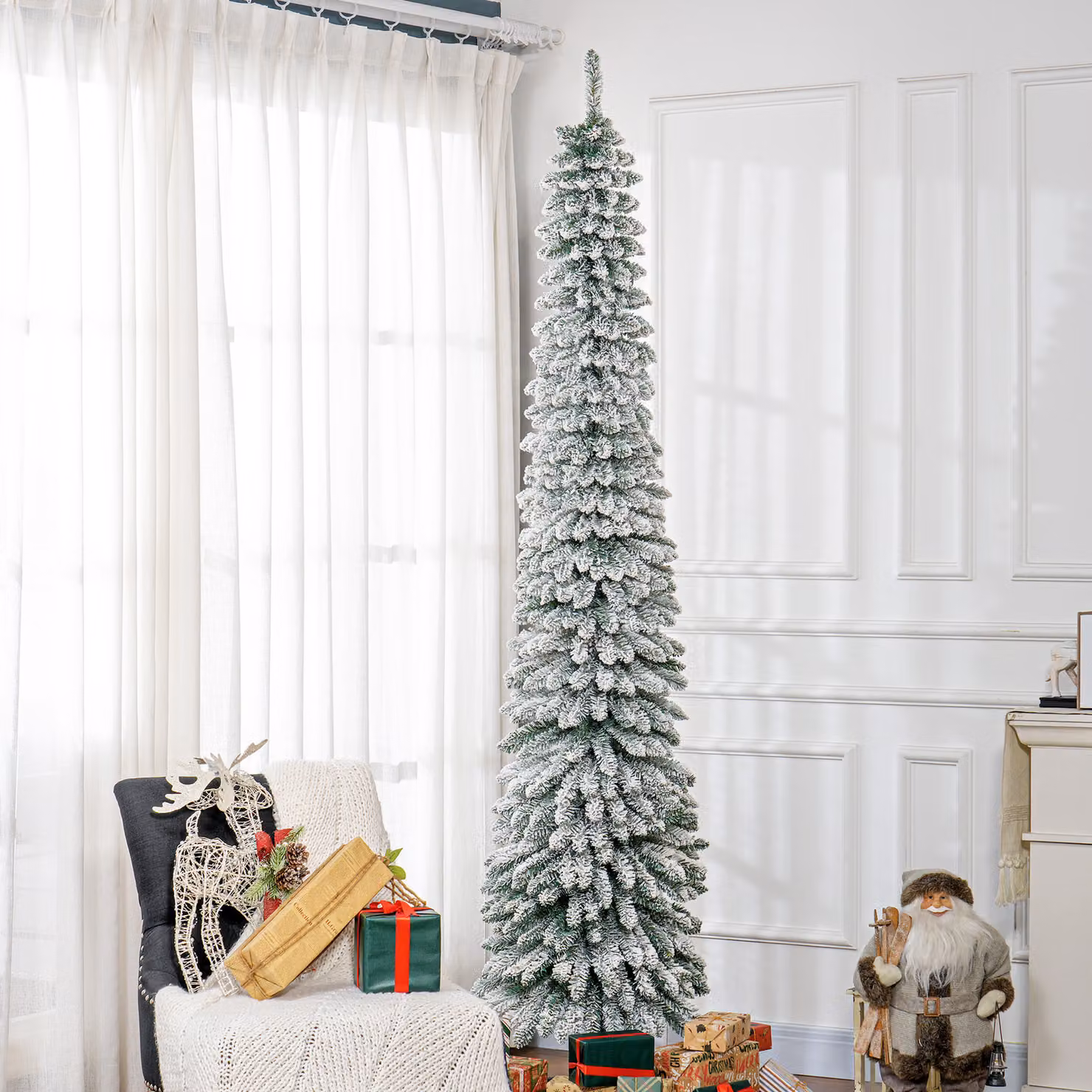 Albero di Natale stretto innevato HOMCOM, Verde, Altezza: 240 cm, con 603 rami e supporto pieghevole – 2