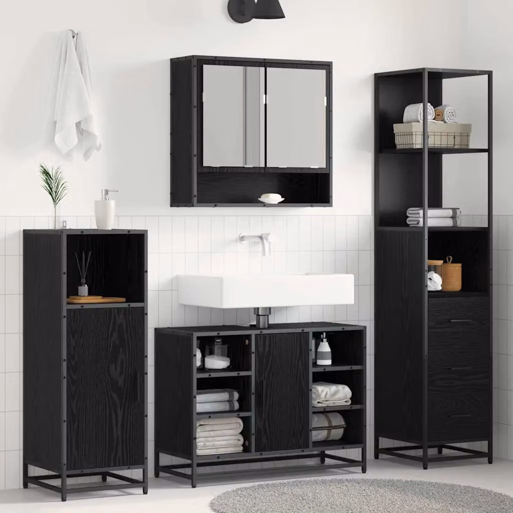 Set di mobili per il bagno moderno vidaXL in nero con ripiani e cassetti, L/P/H: 35 x 37,5 x 166 cm