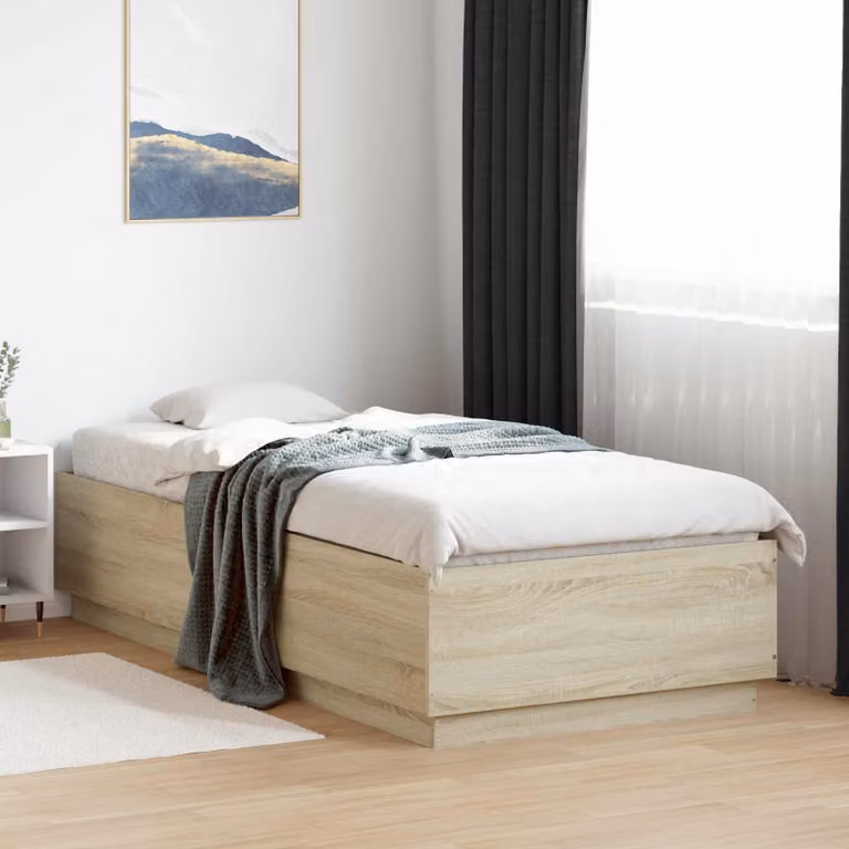 Letto matrimoniale Maison Exclusive, struttura in legno impiallacciato effetto noce Sonoma con illuminazione LED, dimensioni 80 x 200 cm