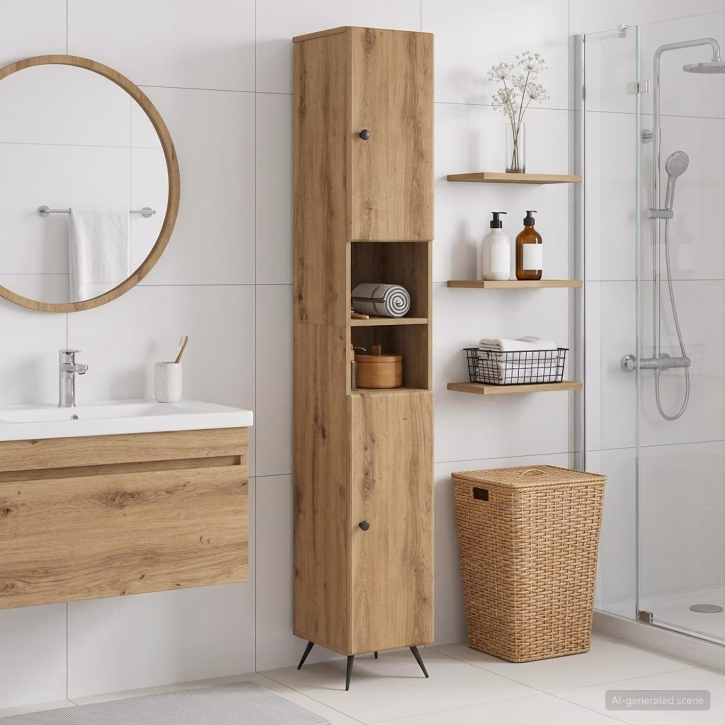 Armadio da Bagno vidaXL BREDA Rovere con Ripiano Aperto e Ante a Battente, Marrone e Nero, H 190 x L 31 x P 30 cm