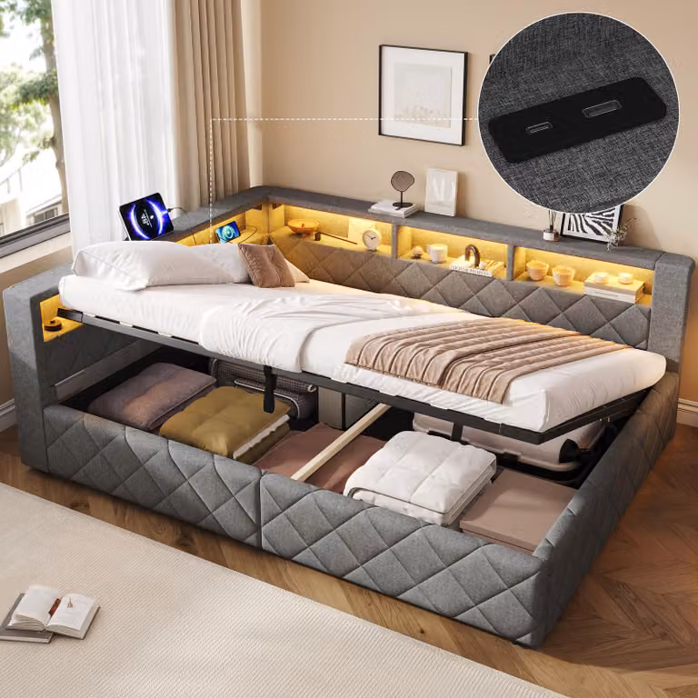 Divano letto 140 x 200 cm con spazio contenitore a pistone idraulico, striscia LED, porta USB, vano aperto nella testata e rete a doghe in legno massello, colore grigio