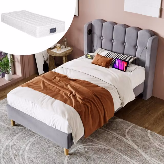 Letto imbottito 90x200 cm in tessuto effetto lino grigio con USB e Type-C