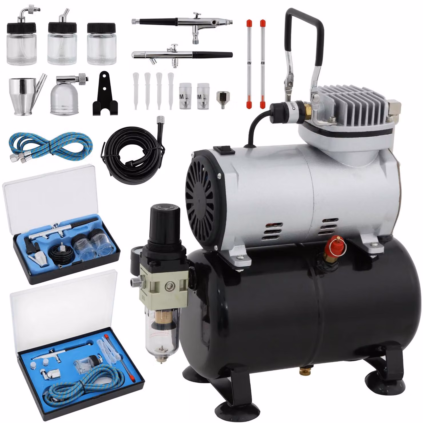Kit compressore per aerografo - senza olio, 1/5 HP - serbatoio da 3 litri - pompa silenziosa (47 dB) - 2 pistole per aerografo - alimentazione a gravità, ugello da 0,3 mm
