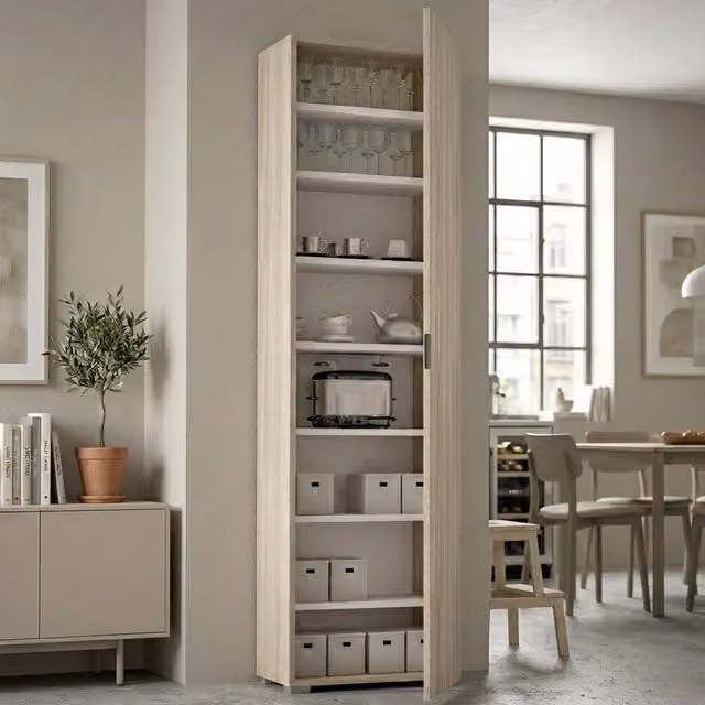 Armadio Multiuso Abuela DMORA con 1 Anta e 7 Ripiani, Colore Marrone Rovere e Beige, L: 50 cm, P: 30 cm, H: 182 cm – 1
