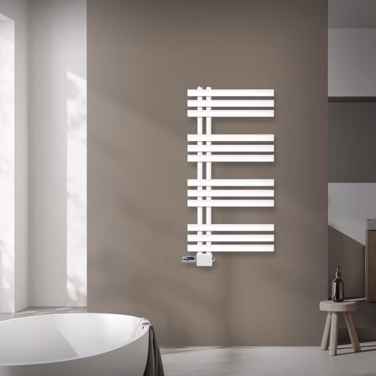 Radiatore da bagno LuxeBath Design, 500x1000 mm, bianco, set di collegamento termostatico ad angolo universale e passante, senza elemento riscaldante