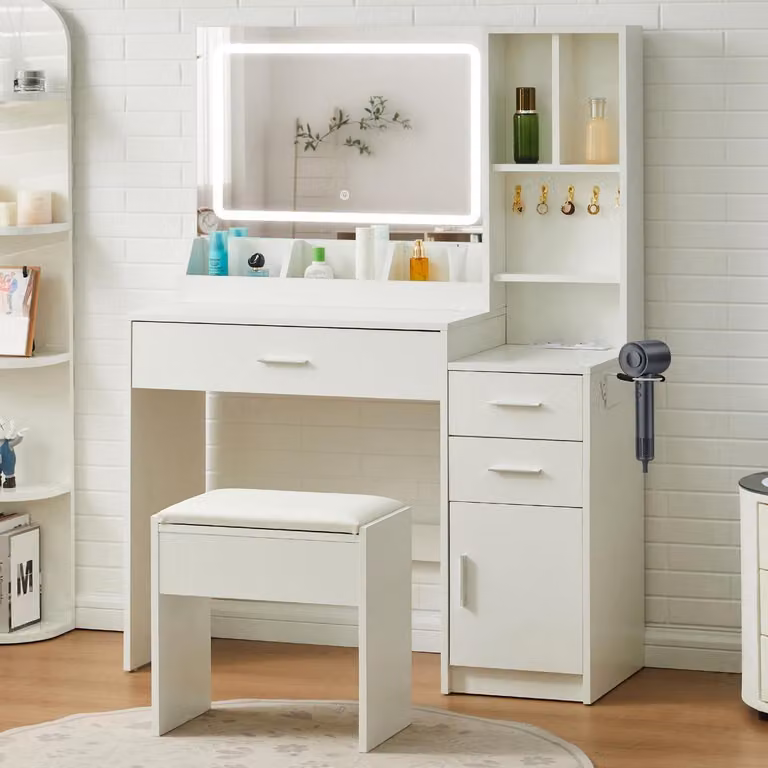 Comò da trucco con specchio e illuminazione, dotato di sgabello, 3 cassetti, 7 scomparti, colore bianco