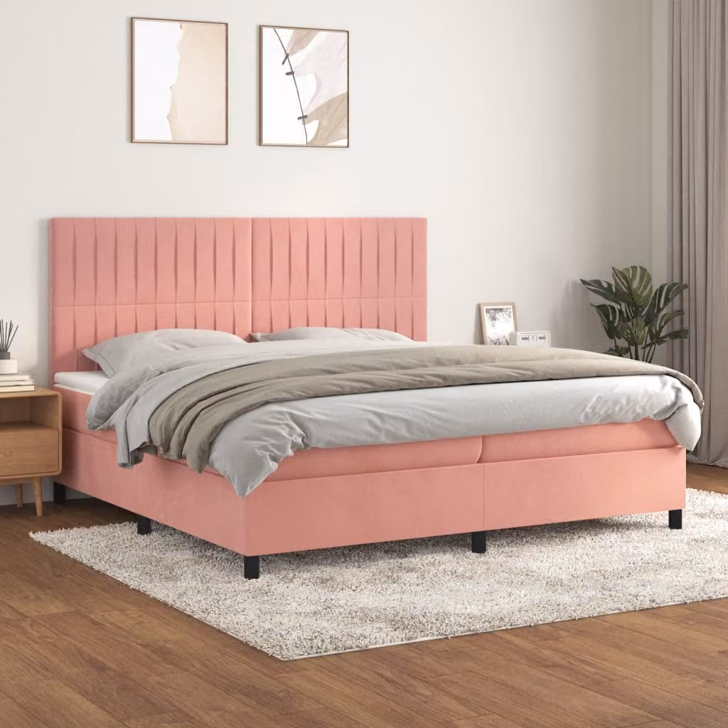 Letto Ibrido vidaXL con Giroletto a Molle e Materasso in Velluto Rosa e Bianco L/P: 200 x 200 cm