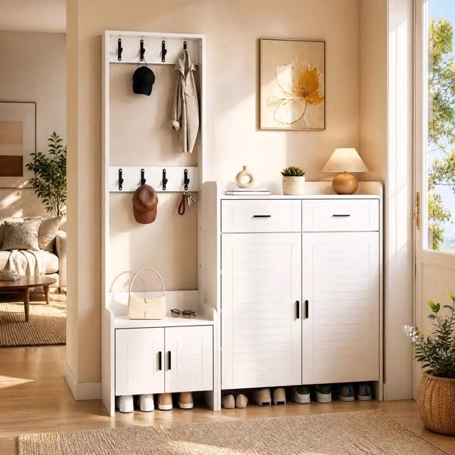 Mobile ingresso bianco con 2 cassetti, 2 ante, 6 ripiani e 8 ganci, 125x36x165 cm