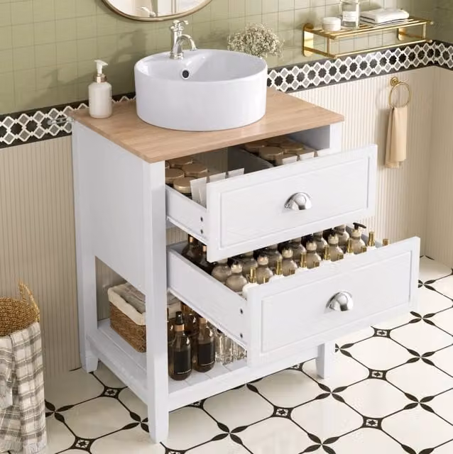 Mobile lavabo bagno con lavabo in ceramica rotonda, 2 cassetti e ripiano aperto, bianco e effetto legno