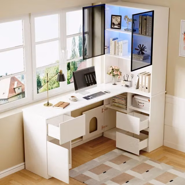 Scrivania angolare con libreria e vetrina LED a 7 colori; 3 cassetti e passacavi; bianca in MDF 120 × 80 × 180 cm