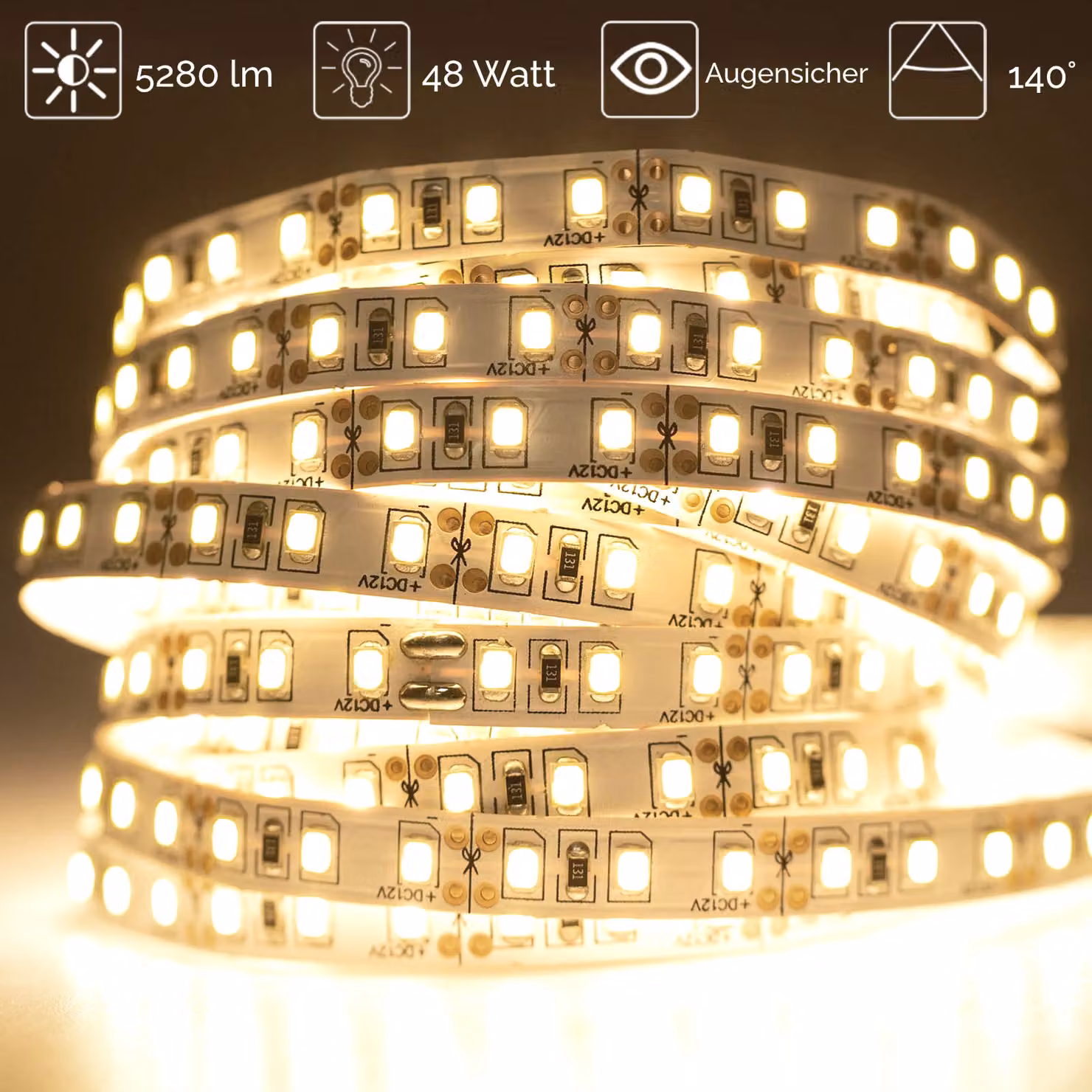 LUMILED Striscia LED 5M 600 LED 12V bianco neutro 48W Striscia LED SMD Striscia LED IP33 5280 lm Striscia luminosa autoadesiva per uso interno Decorazione camera da letto casa, senza alimentatore