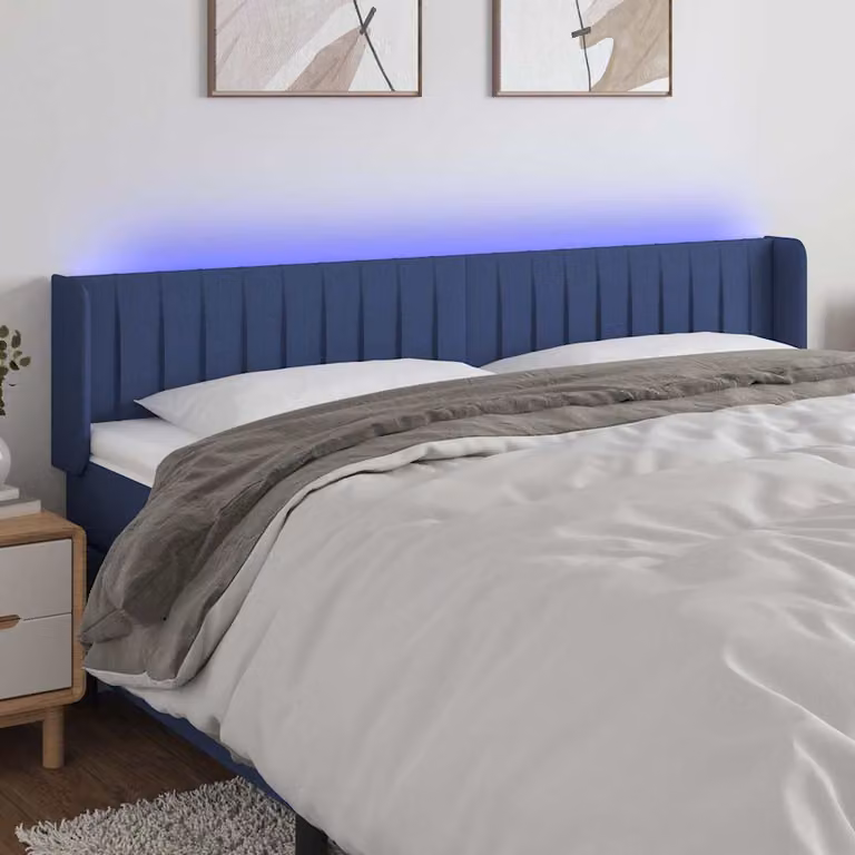 Testiera per letto vidaXL in tessuto blu con illuminazione LED e porta di ricarica USB, L: 163 cm, P: 16 cm, H: 78-88 cm